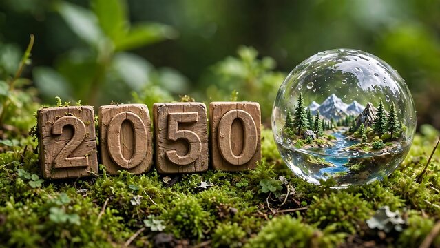 Future vision 2050 and a pristine mountain landscape in a crystal orb