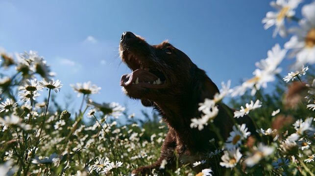 A brown dog with open mouth and tongue out is sitting among white daisies under a clear blue sky