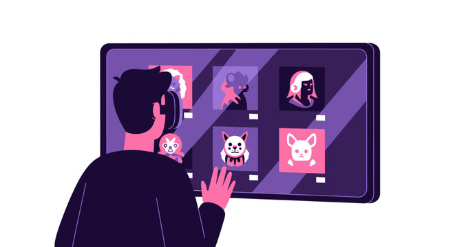Person Wearing VR Headset Browsing Digital NFT Avatar Gallery in Metaverse, Flat Vector Illustration