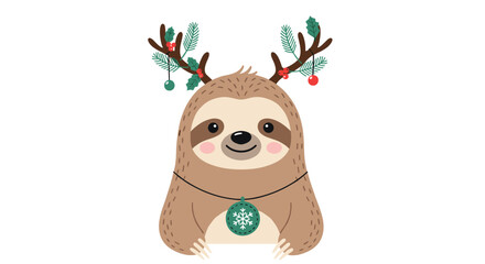 Naklejka premium Cute cartoon sloth wearing festive Christmas reindeer antlers and a snowflake necklace ornament on white background.