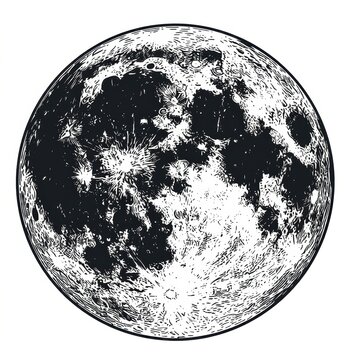 Full moon with a richly cratered lunar surface rendered in a classic scratch board engraving style, showcasing intricate impact craters, rugged maria, and finely textured lunar terrain. 