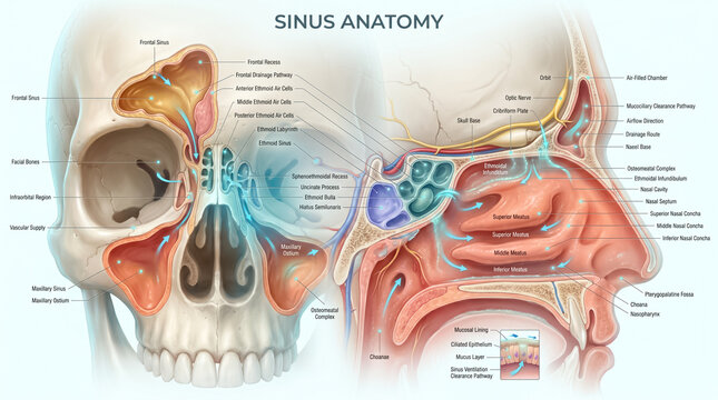 Detailed medical illustration showing human sinus anatomy with labeled structures including frontal maxillary and ethmoid sinuses on a clinical background