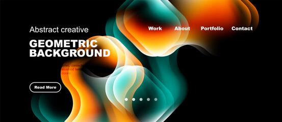 Naklejka premium Dynamic abstract design. Fluid shapes, vibrant colors, dark background. Modern website header with navigation elements, button visible.