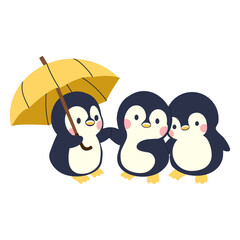 Fototapeta premium Three Penguins Sharing One Umbrella
