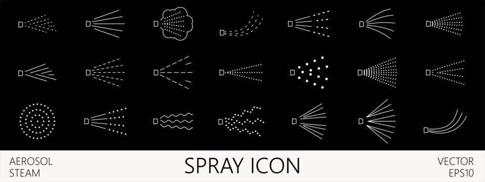 Aerosol shower icon with mist spray vector for steam water nozzle. Jet logo gas with drop cosmetic powder for sprayer art air. Effect bottle icon with spray mist atomizer for silhouette line vapour.