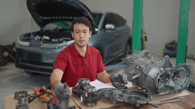 Professional auto mechanic evaluating the price of used automotive parts in a car repair garage. The mechanic holds an engine component while using a calculator at a workbench to estimate repair costs