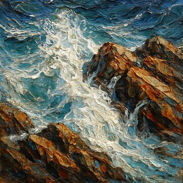 Thick impasto painting captures turbulent sea against golden rocks