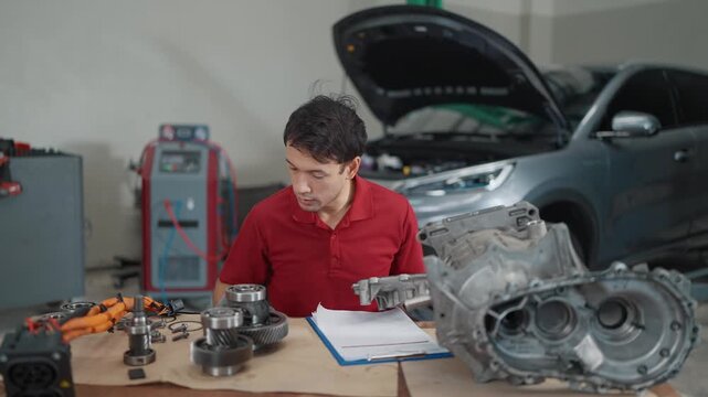 Professional auto mechanic evaluating the price of used automotive parts in a car repair garage. The mechanic holds an engine component while using a calculator at a workbench to estimate repair costs