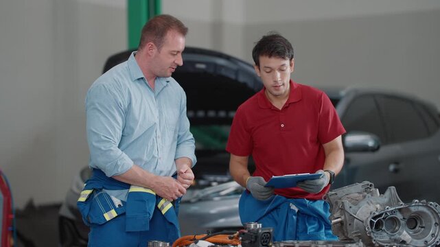 Two mechanics shake hands in a garage. One holds a clipboard for estimating the price of used car parts, They stand near an open engine bay. Teamwork and trust