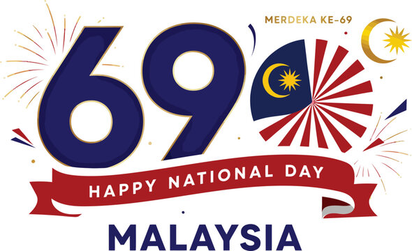 Malaysian National Day celebration with 69th anniversary logo featuring Merdeka flag and fireworks on white background for patriotic design