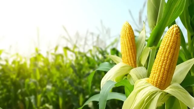 Golden corn ears in a lush green field.