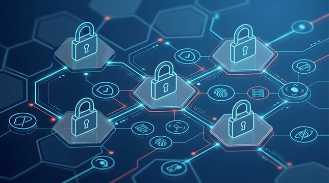 Digital network security with interconnected locks and icons on blue background