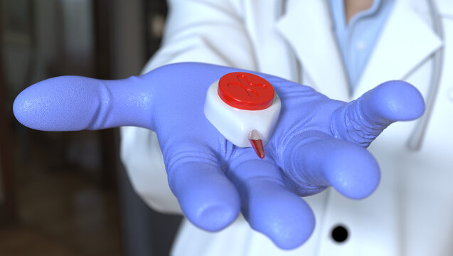 Close-up of a healthcare professional in white coat showing a Tasso needleless blood sampling device