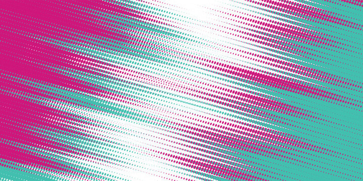 Abstract pink and teal halftone dot pattern on white background. Dynamic vibrant diagonal halftone wave texture, duotone vector illustration for modern tech poster, music banner, or backdrop.