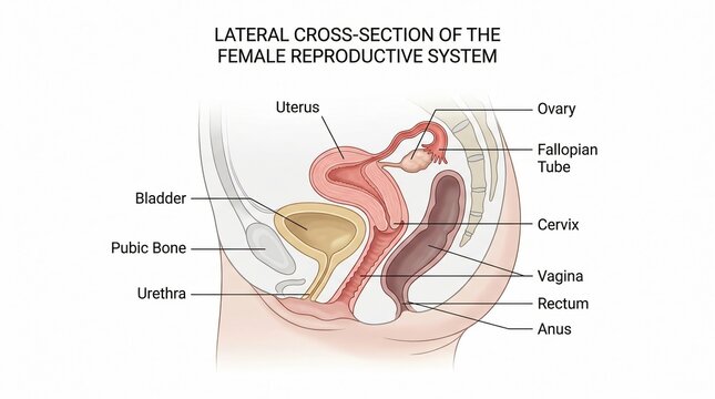 Anatomical illustration of female reproductive system with labeled parts