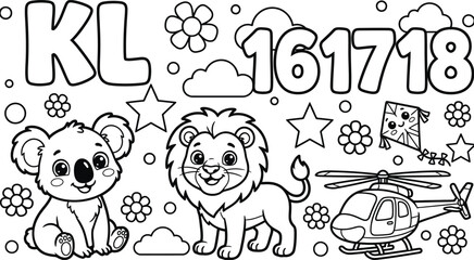 Cute kids coloring page with koala and lion plus kite and helicopter with letters and num. © Sana