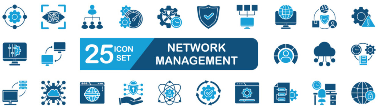 Network Management Web Icon Set in Blue style Flat. vector illustration concept relate to monitoring,connectivity,bandwidth,latency,security,topology,protocol
