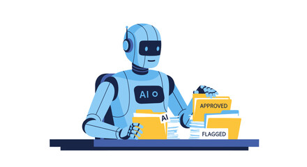 Fototapeta premium AI Robot Content Moderator Sorting Document Folders with Approved and Flagged Labels, Automated Data Processing and File Management Illustration