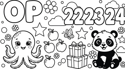 Educational coloring book page with letters o and p plus octopus panda and apple icons set. © Sana