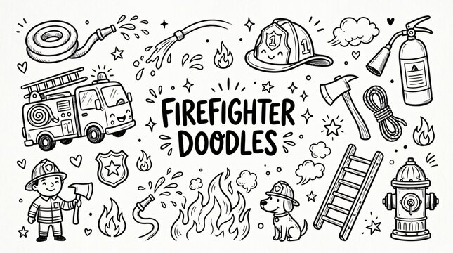 Firefighter doodles illustrations with various firefighting tools and equipment