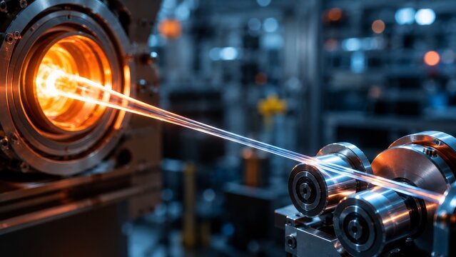 Industrial manufacturing process of drawing glowing hot fiber optic cable or metal wire