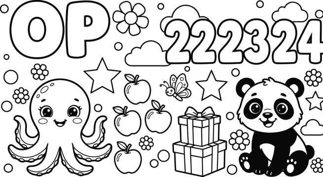 Educational coloring book page with letters o and p plus octopus panda and apple icons set.