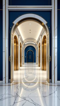 Elegant minimalist security entryways intersecting with clean gold vault rooms on premium indigo blue gradient background