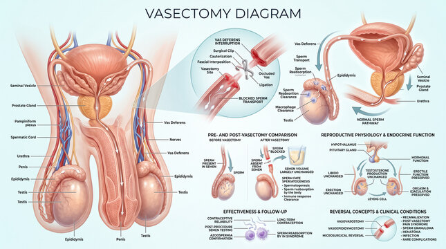 Detailed anatomical diagram showing the male reproductive system with a clear visual explanation of the surgical vasectomy medical procedure process