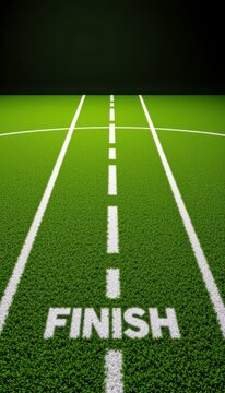 Modern minimalist finish line markings overlapping along a competitive winner track on premium moss green studio backdrop
