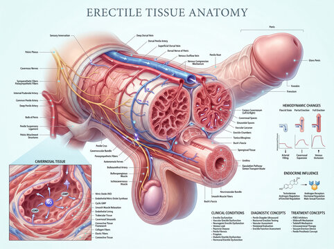 Detailed anatomical illustration showcasing the complex internal structures and physiological mechanisms of human male erectile tissue with clear medical labels