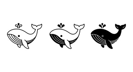 Fototapeta premium Cute Whale Icons, Simple Marine Mammal Vector Set, Black and White Ocean Wildlife Graphics