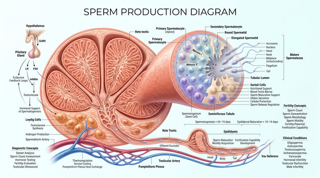 Detailed educational medical diagram illustrating the complex biological process of human sperm production within the male reproductive system anatomy structure
