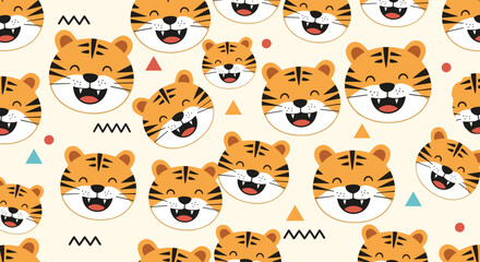 Fototapeta premium Seamless pattern of happy tiger face illustrations in a cute cartoon style with geometric shapes for children and animal lovers.