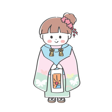 七五三のお参りをする3歳の女の子のかわいい手描きイラスト
