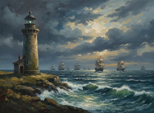 Majestic lighthouse stands guard as ships sail moonlit waters