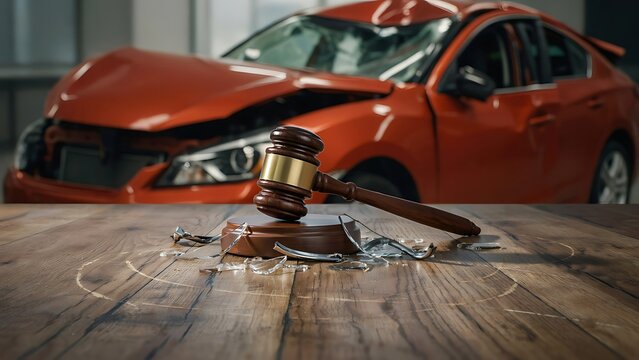 Gavel on wooden table with broken glass and crashed orange car in background scene