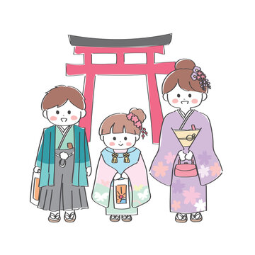 七五三のかわいい3兄妹の手描きイラスト