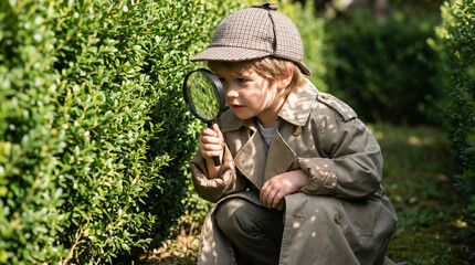 Fototapeta premium Young Detective Investigating Garden Mystery with Magnifying Glass and Trench Coat