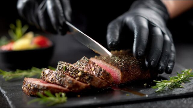 Professional chef using a sharp knife to slice a pepper-crusted medium-rare steak on a stone plate