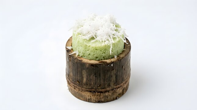 Indonesian traditional sweet kue putu steamed pandan rice cake in bamboo tube with grated coconut