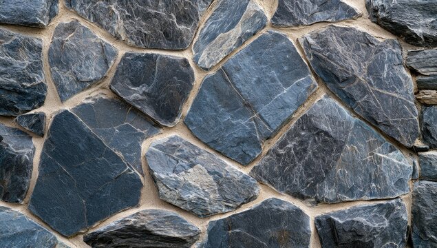 Irregularly shaped dark blue slate pieces form an abstract textured wall