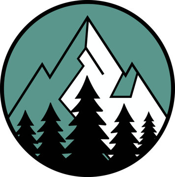 Mountain range and pine trees circle badge, minimalist outdoor adventure emblem with geometric peaks and evergreen forest silhouettes and conifer