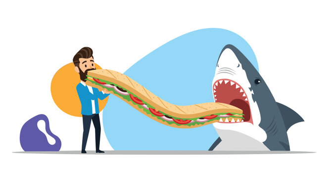 Surreal illustration of a man holding a very long sandwich and feeding it into the open mouth of a large shark in the water.