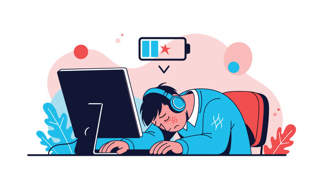 Exhausted office worker sleeping at computer desk with a low battery icon indicating burnout and fatigue in modern workplace.