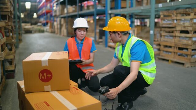Warehouse workers in safety helmet and vest scanning cardboard box barcode using handheld scanner during inventory management routine in large storage facility aisle