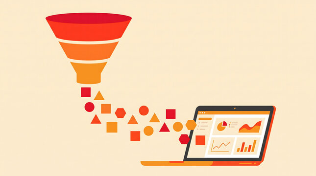 Sales funnel converting raw data shapes into clean charts on a laptop screen vector concept