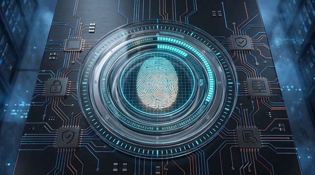 Biometric fingerprint scanner with digital security icons and circuit board