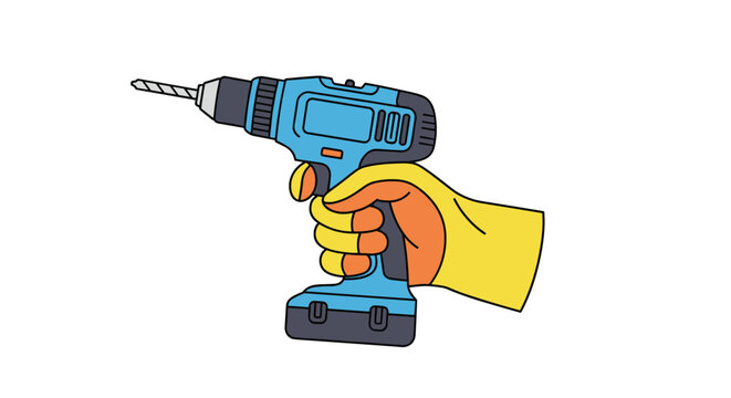 Gloved hand firmly holding a blue and black cordless power drill tool isolated on a clean white background for home repair.