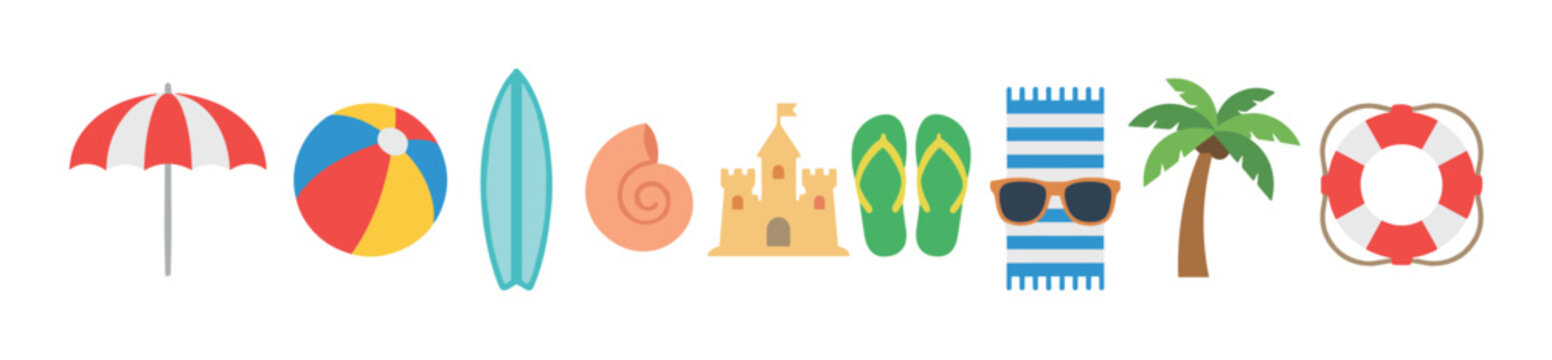 Various colorful summer beach vacation objects arranged horizontally in a cheerful flat design illustration representing holiday and travel fun.
