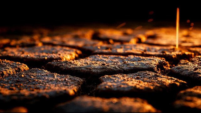 Footage shows cracked mud in a desert. The sun sets and casts warm light on the patterns in the dry earth.